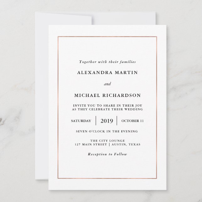 Invitation Minimal moderne | Faux Rose Gold Border Mariage (Devant)
