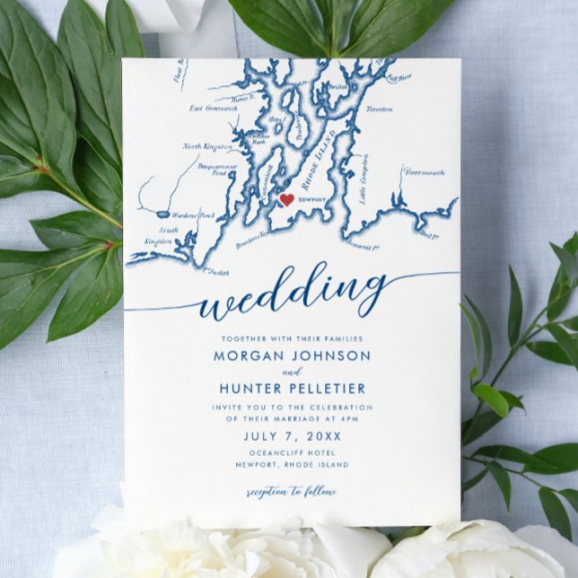 Invitation Minimal moderne Newport Rhode Island Map Mariage (Newport Rhode Island Wedding Invitation with a minimal modern elegant map design in navy blue )