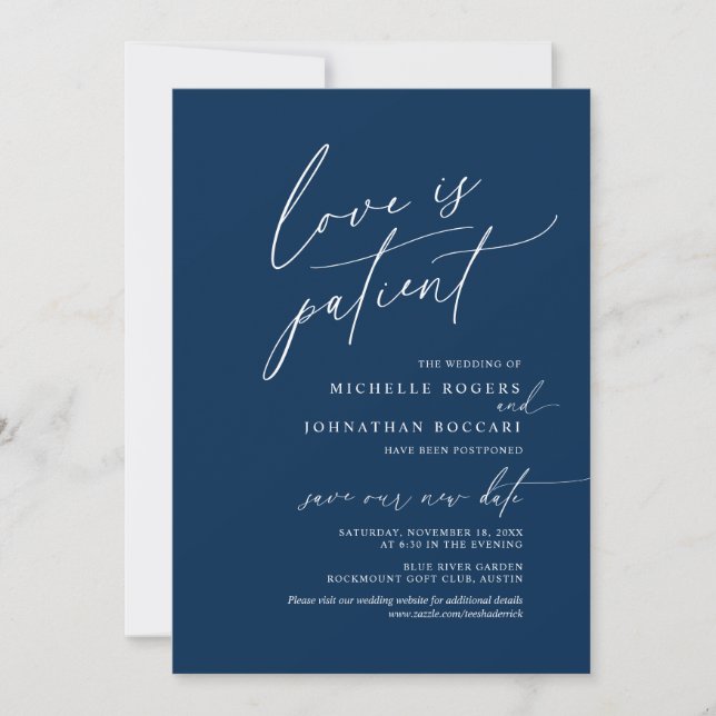 Invitation Minimal Navy, Amour patient, mariage reporté (Devant)