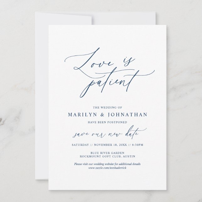 Invitation Minimal Navy, L'amour est patient, mariage reporté (Devant)