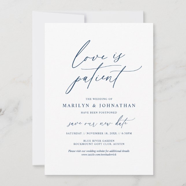 Invitation Minimal Navy, L'amour est patient, mariage reporté (Devant)