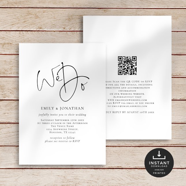 Invitation Minimal Nous faisons Élégant Script Line QR Code M (Front and back view)