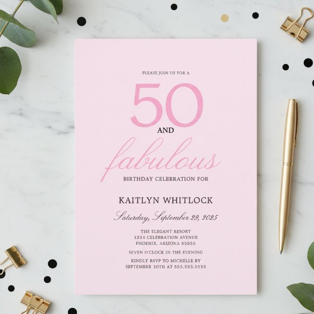 Invitation Minimal Pink Script 50 et Fabulux 50e Anniversaire (modern elegant pink and black girly fifty and fabulous 50th birthday party invitations)
