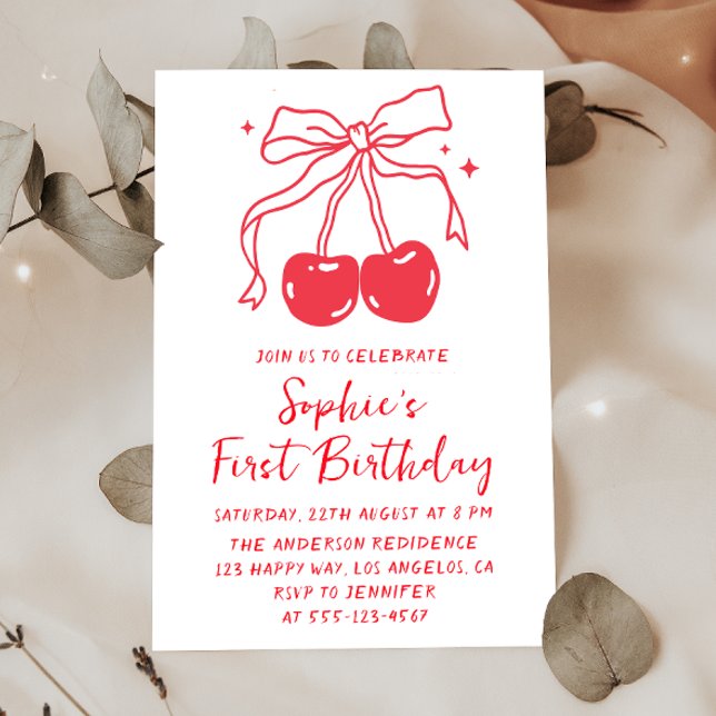 Invitation Minimal Red Bow Cherry Fruit 1st Birthday Party (Créateur téléchargé)