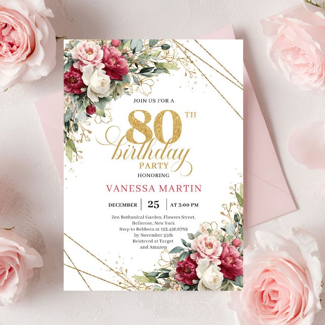 Invitation Minimal Red Burgundy Floral 80th Birthday Invite (Minimal Red Burgundy Floral 80th Birthday Invite)