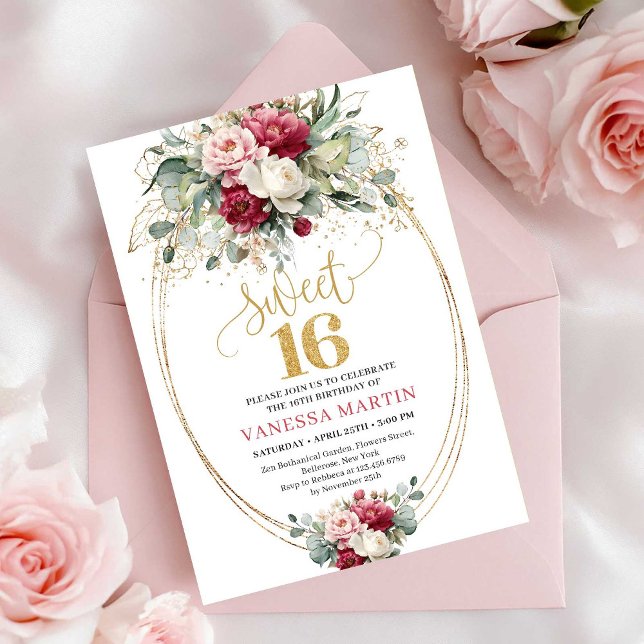 Invitation Minimal Rouge Fard Vert Doré Anniversaire 16 Ans (Minimal Red Blush Greenery Sweet 16 Birthday Invite)