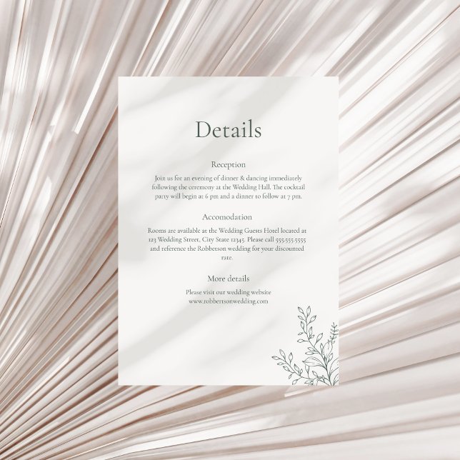 Invitation Minimal Sage Green Botanical Details Card (Minimal Sage Green Botanical Details Card on a neutral dry palm leaf.)