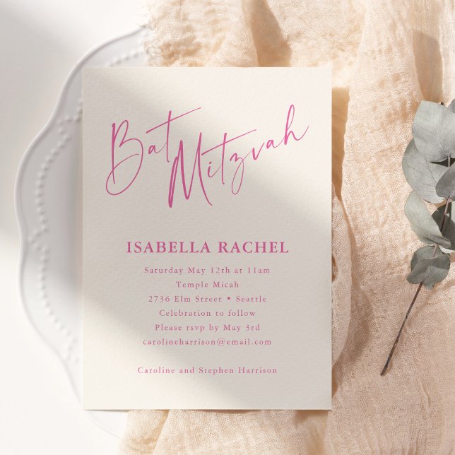 Invitation Minimal Script Hot Pink Cream Modern Bat Mitzvah (Créateur téléchargé)