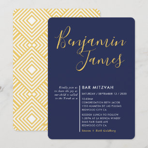 Invitation MINIMAL SCRIPT moderne Bar Mitzvah bleu marine or