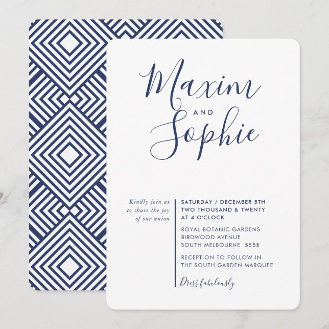 Invitation MINIMAL SCRIPT simple moderne mariage marine bleu (Devant / Derrière)