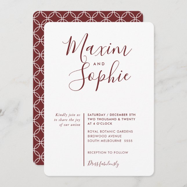 Invitation MINIMAL SCRIPT simple moderne mariage vin rouge fo (Devant / Derrière)