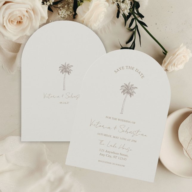 Invitation Minimal Taupe Palm Tree Beach Save The Date (Créateur téléchargé)