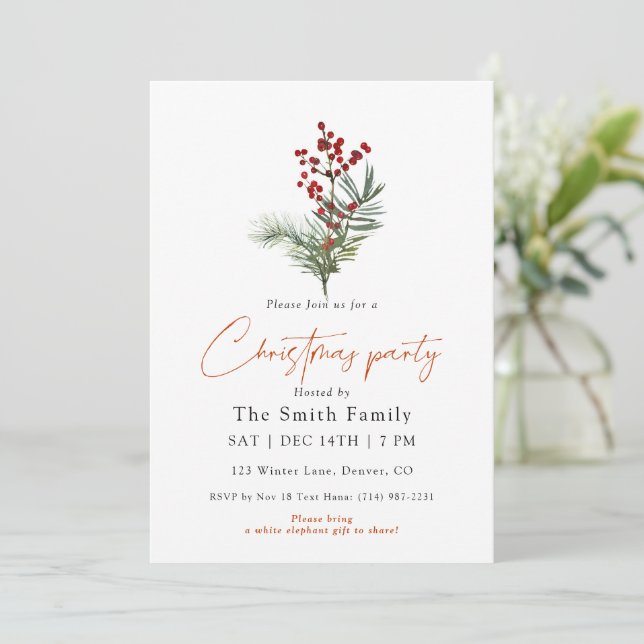 Invitation Minimal Watercolor Berry Christmas Party (Debout devant)