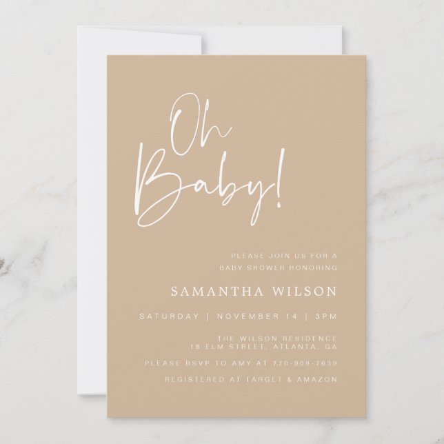 Invitation minimale de Baby shower beige (Devant)