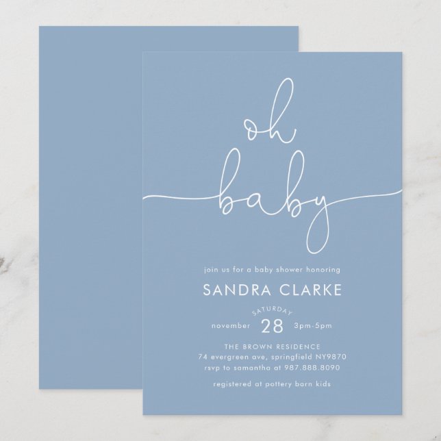Invitation minimale et moderne de shower bébé bleu (Devant / Derrière)