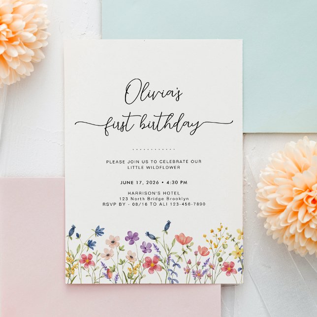 Invitation minimale florale pour un premier annive (Créateur téléchargé)