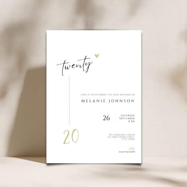 Invitation minimale moderne pour 20e anniversaire (Minimal Modern 20th birthday invitation with handwritten typography.)