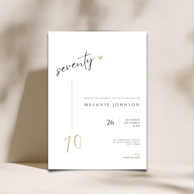 Invitation minimale moderne pour les 70 ans (minimalist 70th birthday invitation with handwriting typography.)