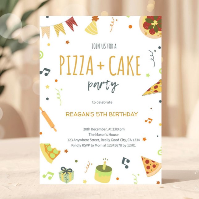 Invitation minimale moderne pour une fête de pizza (Pizza and Cake Party Birthday Invitation Template Slice Slice Baby Invitation)