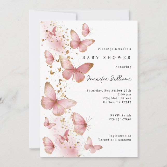 Invitation minimale pour Baby Shower Papillon Rose (Devant)
