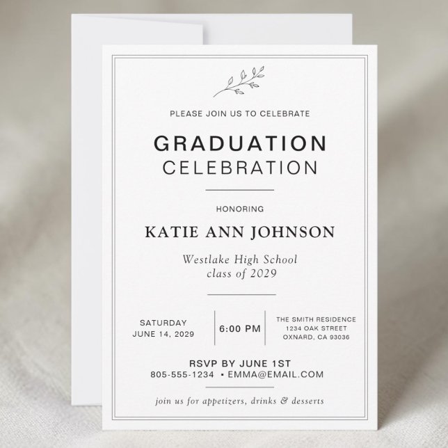 Invitation minimale pour la célébration de la remi (Minimal graduation celebration invitation with black typography, thin border, and botanical leaf)