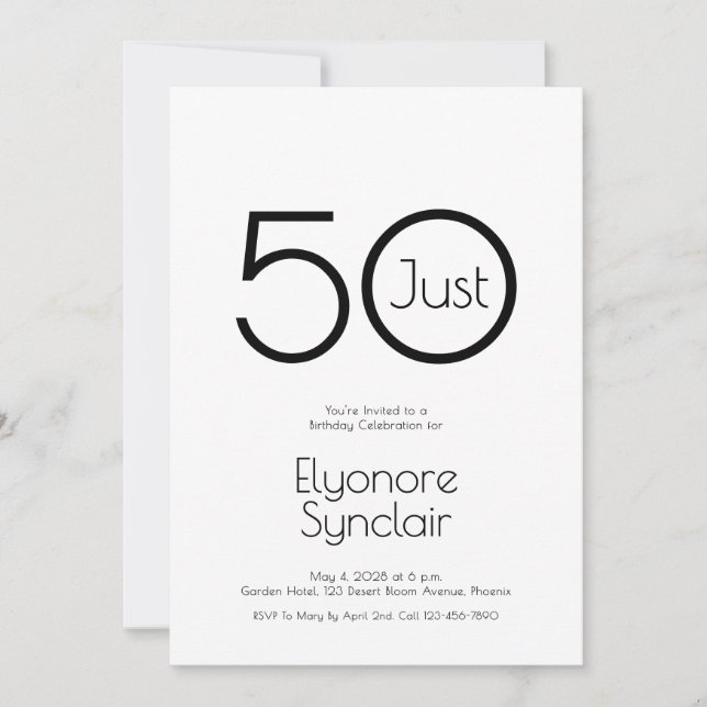 Invitation minimale pour les 50 ans de Just Fifty (Devant)