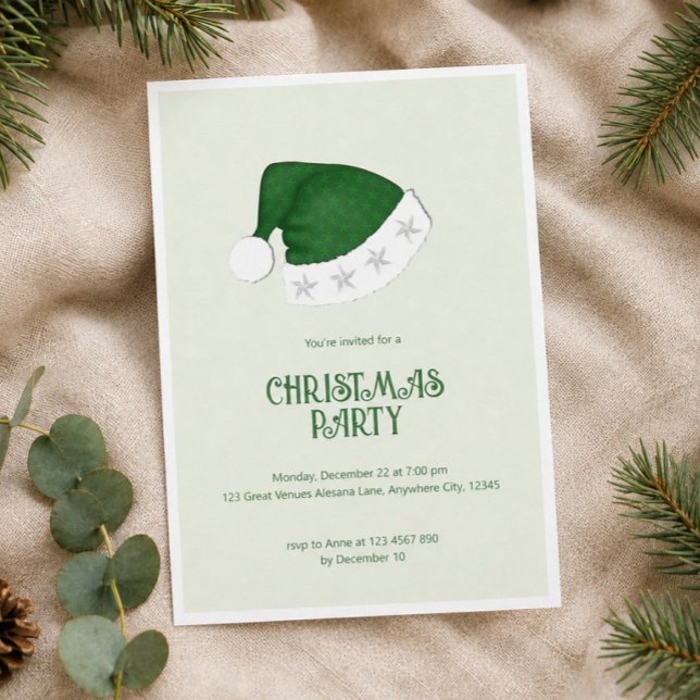 Invitation minimale pour une fête de Noël avec un  (Elegant Green Santa Hat Christmas Party Invite, Sophisticated Holiday Party Invitation)