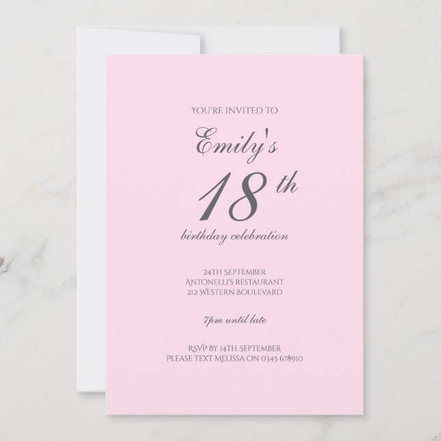 Invitation minimale rose pour un 18ème anniversair (Devant)
