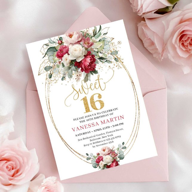 Invitation minimale rouge burgundy pour une Sweet  (Minimal Red Burgundy Floral Sweet Sixteen Invite)
