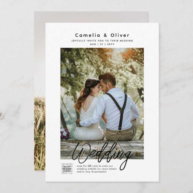 Invitation MINIMALISATION Mariage blanc et noir PHOTO CODE QR (Devant / Derrière)