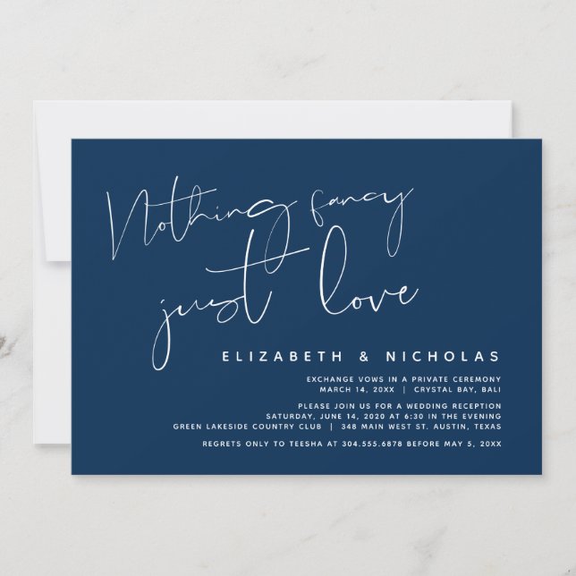Invitation Minimalisme Bleu Nuit, Mariage Fuite de Noces (Devant)