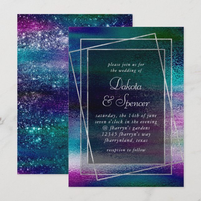 Invitation Minimalisme clinquant | Mariage holographique Irid (Devant / Derrière)