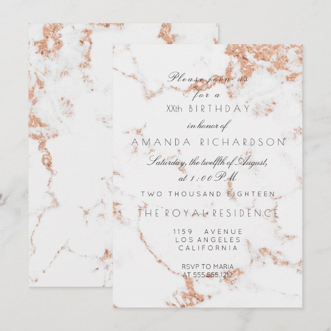 Invitation Minimalisme Gris Blanc Marbre Rose Cuivre Annivers (Devant / Derrière)