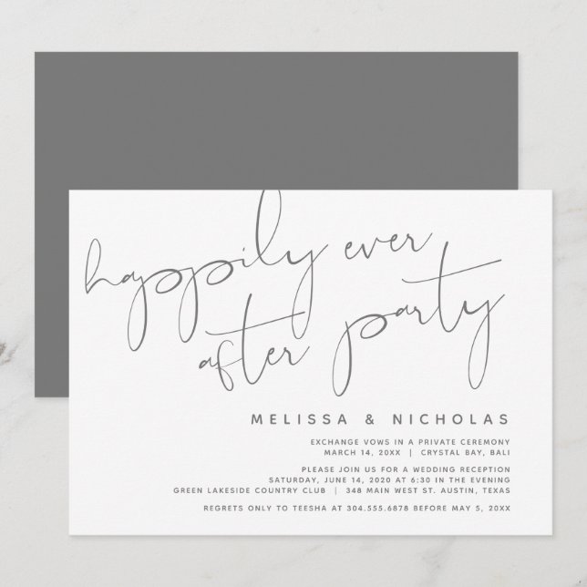 Invitation Minimalisme Gris Foncé, Mariage Fuite de Noces (Devant / Derrière)