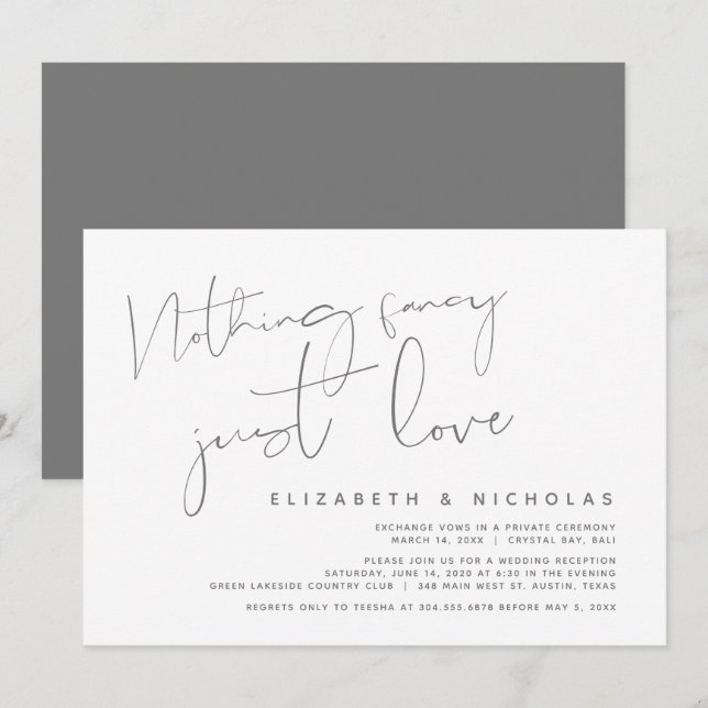 Invitation Minimalisme Gris foncé, Mariage Fuite de noces (Devant / Derrière)