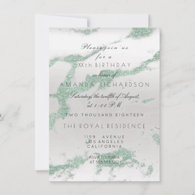 Invitation Minimalisme Gris Marbre Argent Vert Menthe Anniver (Devant)