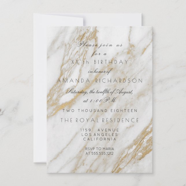Invitation Minimalisme Gris Or Blanc Anniversaire Marbre (Devant)