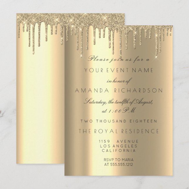 Invitation Minimalisme Pailletant Gouttes d'Or Champagne d'An (Devant / Derrière)