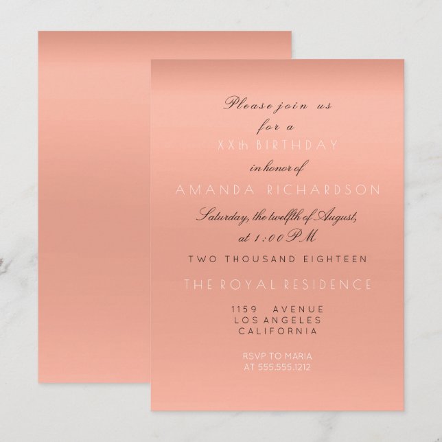Invitation Minimalisme Saumon Pêche Corail Blanc Anniversaire (Devant / Derrière)