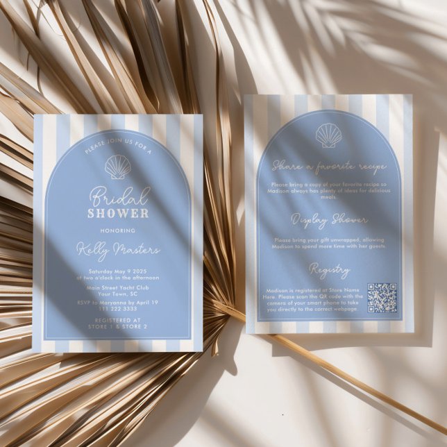 Invitation Minimalist Arch Blue & White Beachy Bridal Shower (Simple blue and white seashell beach bridal shower double-sided invitation with QR code)