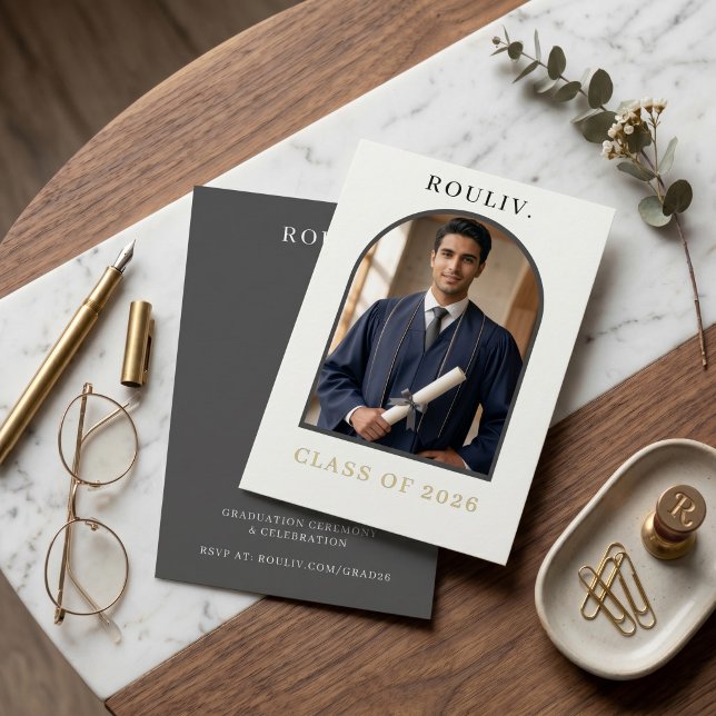 Invitation Minimalist Arch Photo Graduation Invite | ROULIV (Minimalist Architectural Arch Graduation Invitation | Photo Class of 2026 | ROULIV Stone Grey & Gold)