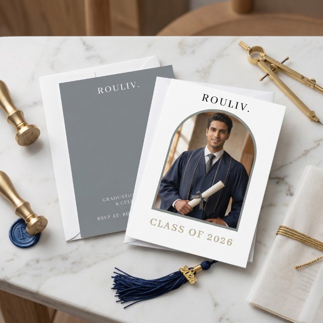 Invitation Minimalist Arch Photo Graduation | Rolling Stone (Minimalist Architectural Arch Graduation Invitation | Photo Class of 2026 | ROULIV Stone Grey & Gold)