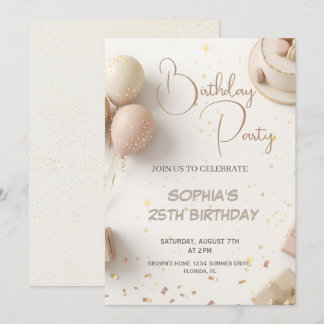 Invitation Minimalist Beige & Gold Birthday Party Design 