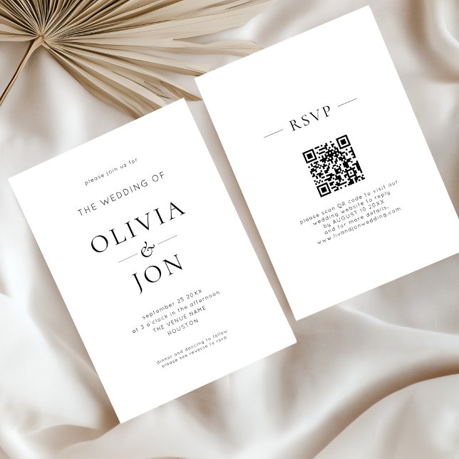 Invitation Minimalist Black and White QR Code Wedding (Front and back)