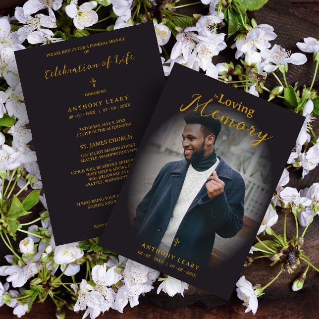 Invitation Minimalist Black Gradient Overlay Photo Funeral (Minimalist Black Fake Golden Effect Transparency Overlay Photo Funeral Card with Envelope. )