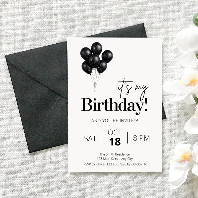 Invitation Minimalist Black & White Balloon Birthday (Créateur téléchargé)