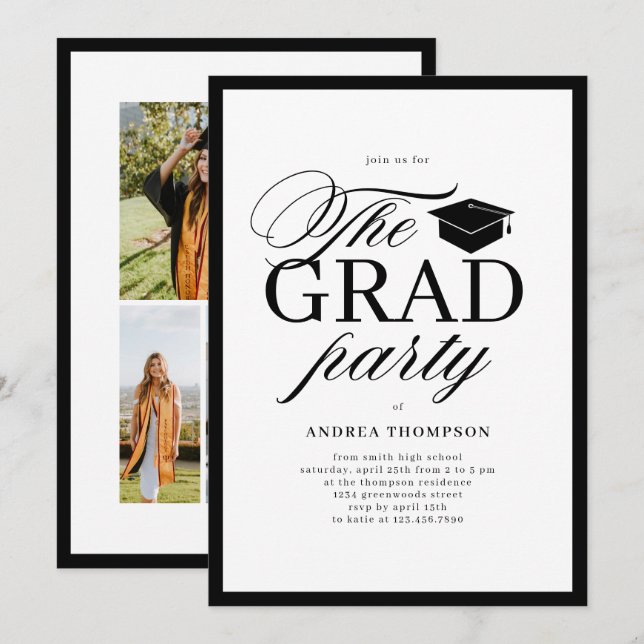 Invitation Minimalist Black White Script Grad Party Photo  (Devant / Derrière)