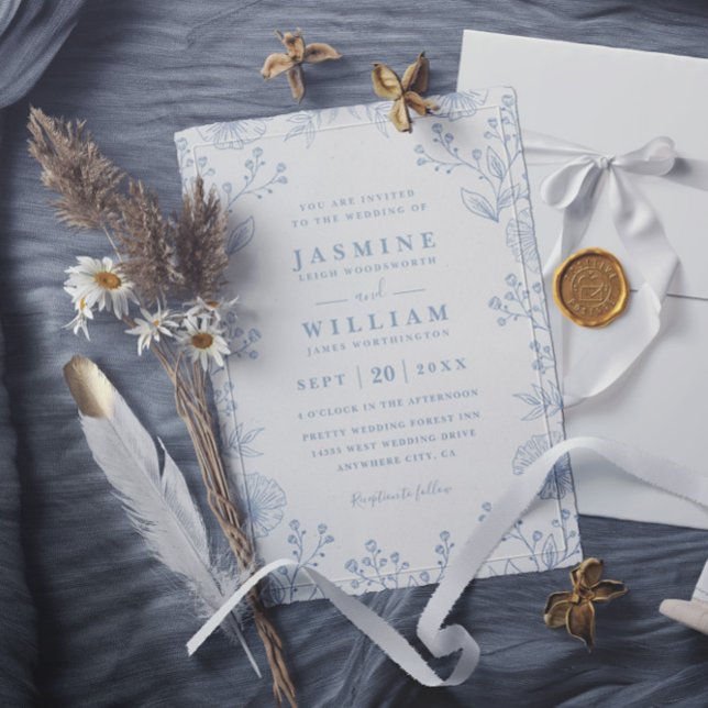 Invitation Minimalist Blue Floral Elegant QR Code Wedding (Créateur téléchargé)