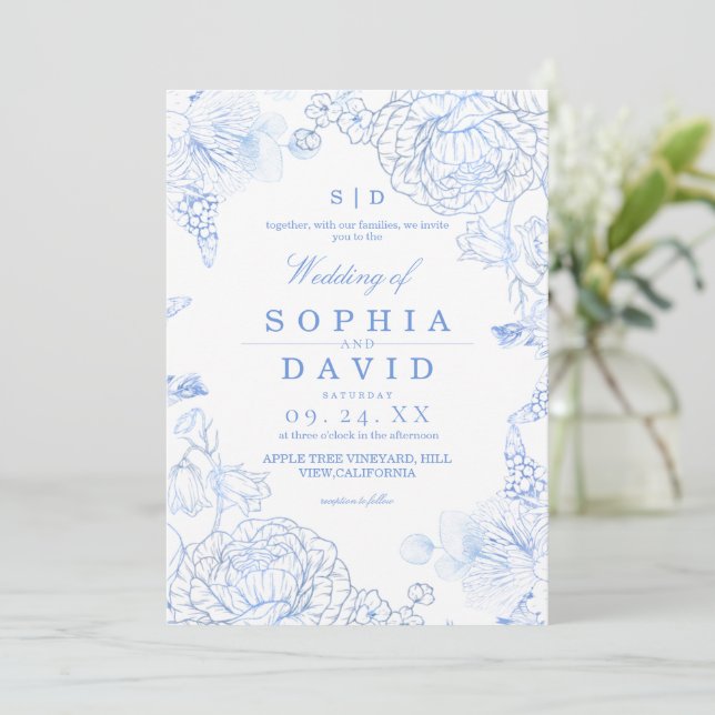 Invitation Minimalist Blue WildFlower Rustic Wedding  (Debout devant)