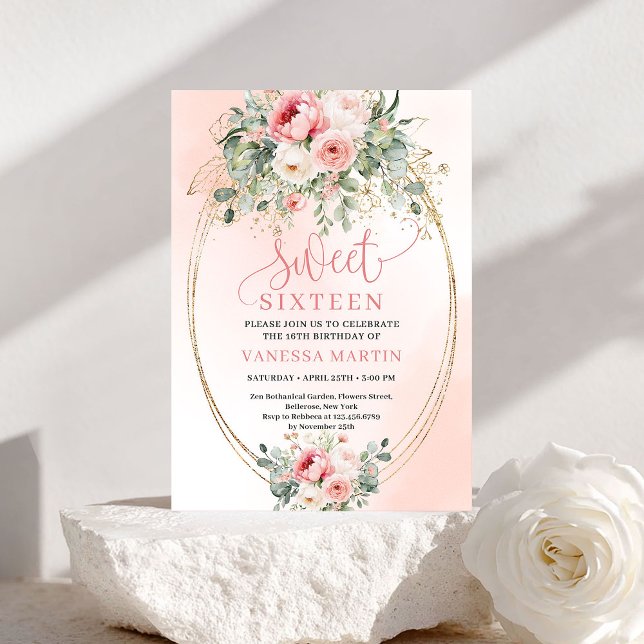Invitation Minimalist Blush Floral Gold Sweet Sixteen Invite (Minimalist Blush Floral Gold Sweet Sixteen Invite)